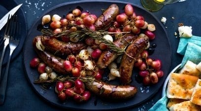 Roasted Sausages With Grapes and Pearl Onions