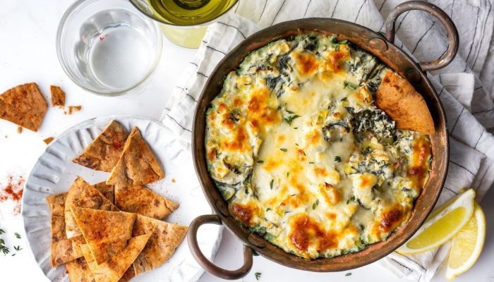 Lighter Spinach Artichoke Dip and Whole-Grain Pita Chips