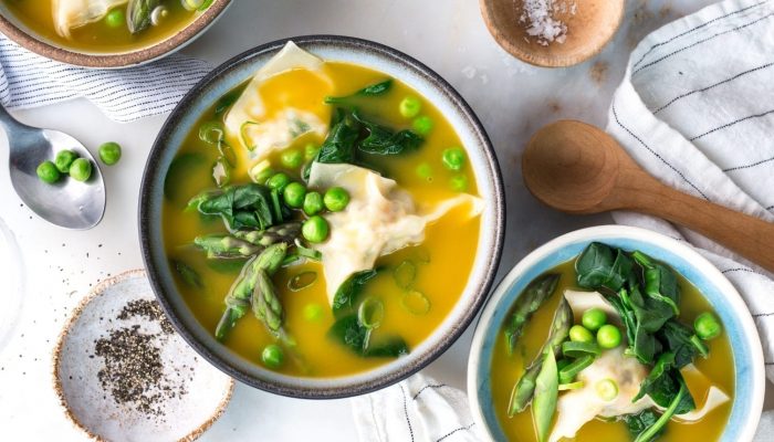 Shrimp Wonton Soup With Ginger and Spring Veggies