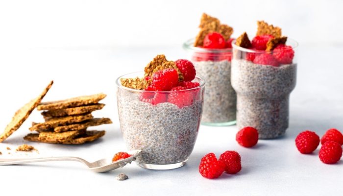 Raspberry Chia Pudding with Almond Milk and Flax Crisps